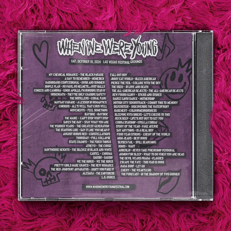 Image of When We WereYoung lineup in 2024 with performers listed on the back of a CD cover in front  of a hot pink fuzzy rug background