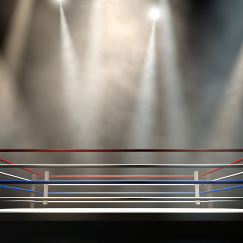 Photo of a boxing ring with lights shining down.