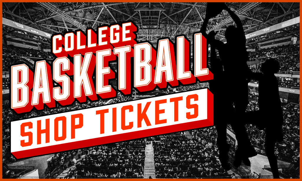 College Basketball Shop Tickets graphic with basketball court background.
