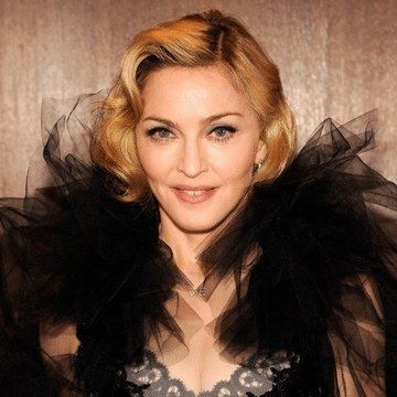 Photo of Madonna in a black chiffon top in front of a beige background.