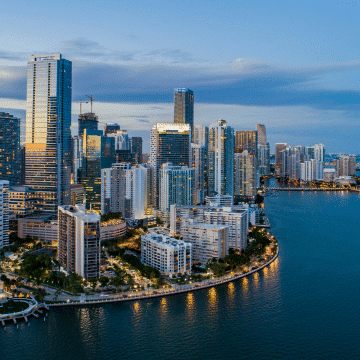 Image of part of the Miami skyline from an angle showing only part of the waterfront and more of the buildings