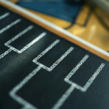 Photo of a chalk board with a bracket drawn in chalk.