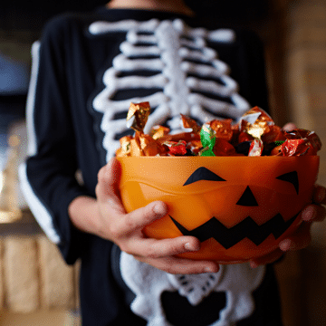Child dressed in a skeleton costume holding an orange pumpkin-shaped basket filled with candy.