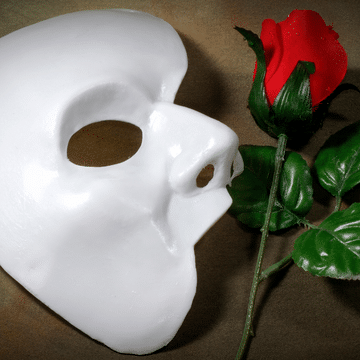 Photo of a white half mask and artificial rose.