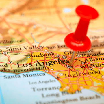 Colored map of Southern California with a red thumbtack marking the city of Los Angeles