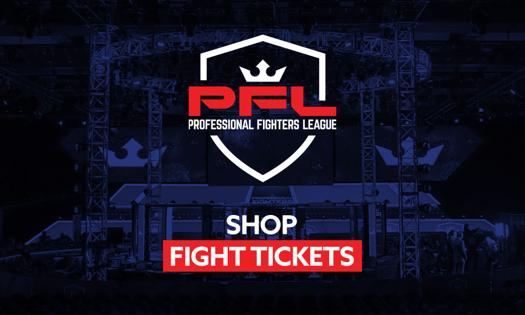 Graphic with red and white PFL logo over a dark background. Text below says "shop fight tickets."