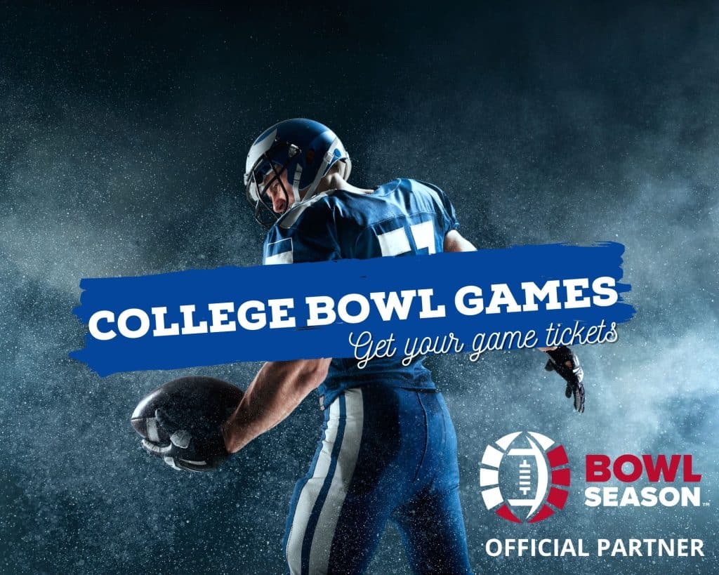 Graphic with a blue background, Bowl Season logo in the bottom right corner and image of a football player standing with a ball in his hand in the center. Text overlay reads "College Bowl Games. Get Your Game Tickets."