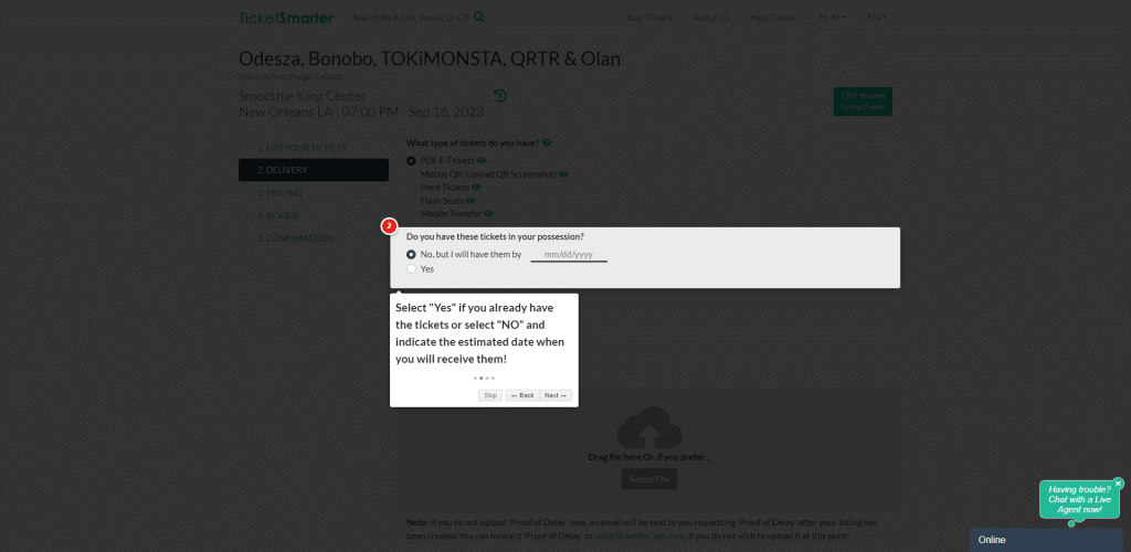 A screenshot indicating print or delivery delay after buying tickets.