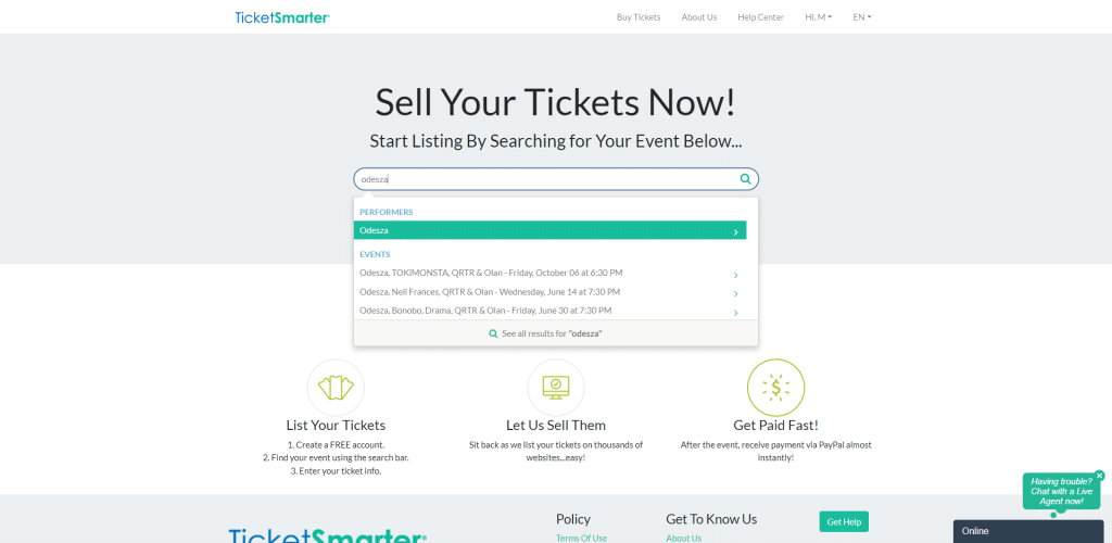 Screenshot of TicketSmarter Sell your Tickets Now page.