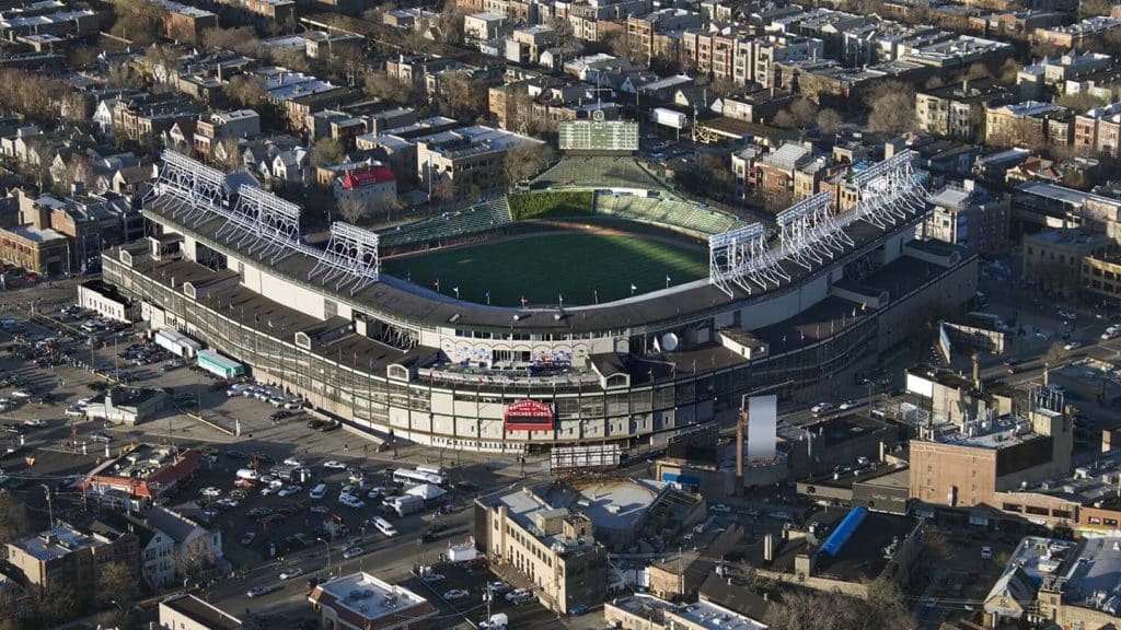 Aerial view of Wrigley Field and surrounding houses.