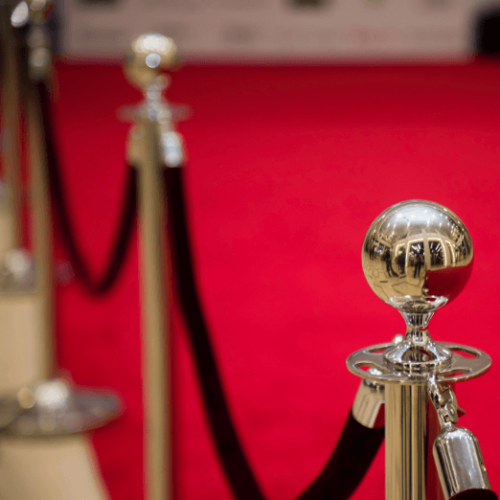 Photo of a red carpet with velvet ropes in the foreground.