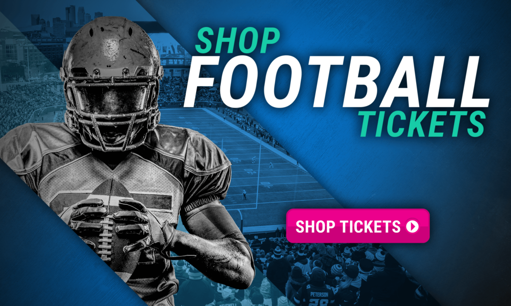 Graphic with a football player on the left and text on the right that says "shop football tickets." There is also a button that says "shop tickets."