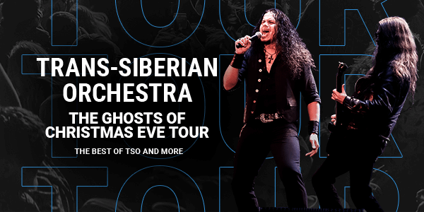 Graphic with a photo of Trans-Siberian Orchestra performing on stage. Text overlay has their name and "The Ghosts of Christmas Eve Tour."