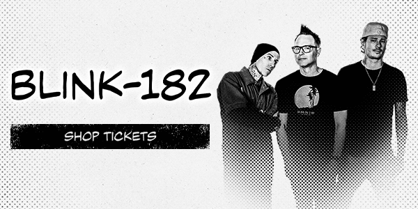 Black and white image of Blink-182 with text reading "Shop Tickets"