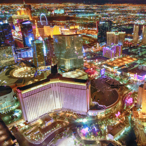 Overhead photo of The Strip in Las Vegas, which sits just east of Allegiant Stadium.