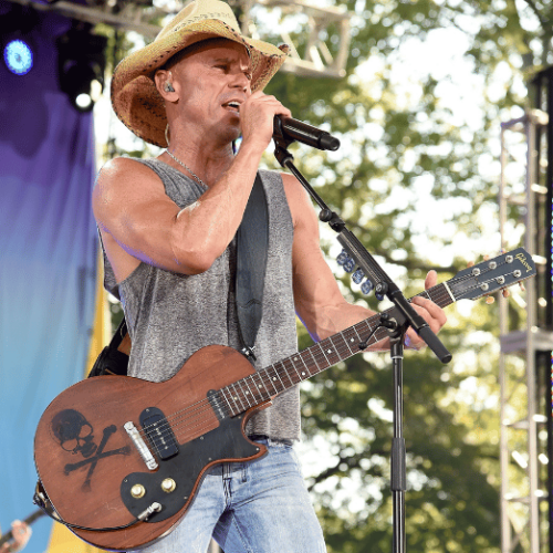 Photo of Kenny Chesney holding a guitar and singing into a microphone.