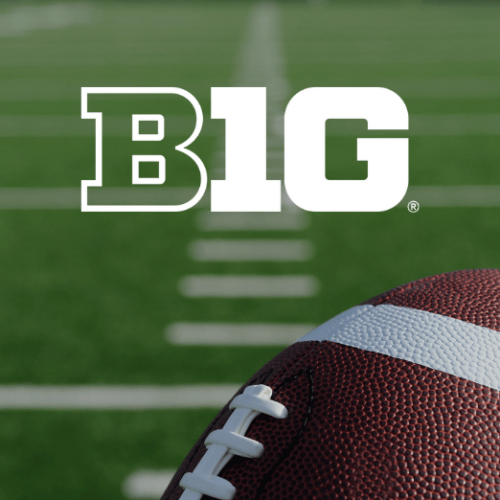 Graphic with a photo of a football on a football field. There is a Big Ten logo overlay.