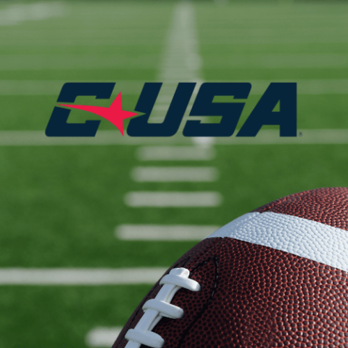Graphic with a Conference USA logo over a green football field.