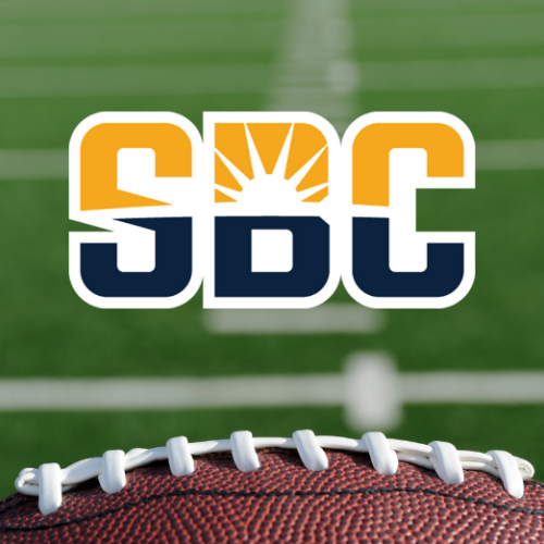 Graphic with the SBC logo over an image of a football in the foreground and football field in the background.