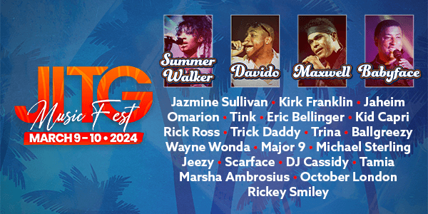 Graphic with Jazz in the Gardens logo on the left and photos of Summer Walker, Davido, Maxwell and Babyface on the right. Text below includes full lineup: Jazmine Sullivan, Kirk Franklin, Jaheim, Omarion, Tink, Eric Bellinger, Kid Capri, Rick Ross, Trick Daddy, Trina, Ballgreezy, Wayne Wonda, Major 9, Michael Sterling, Jeezy, Scarface, DJ Cassidy, Tamia Marsha Abrosius, October London, Rickey Smiley.