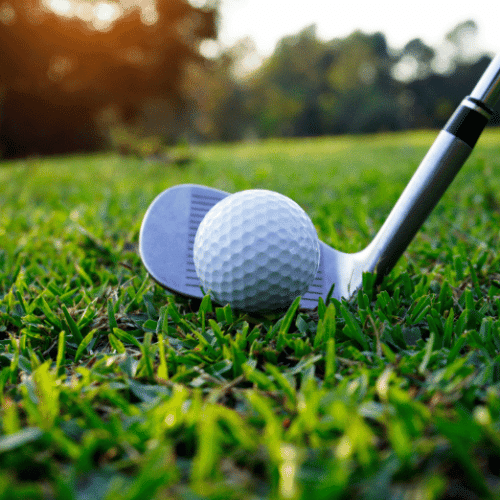 Photo of a golf ball and golf club on green grass.