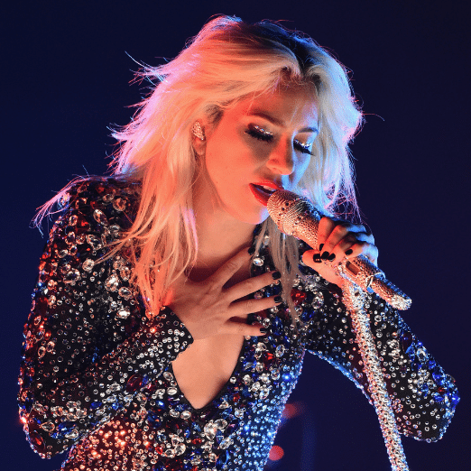 Photo of Lady Gaga in a sequined dress, holding a bedazzled microphone and singing.
